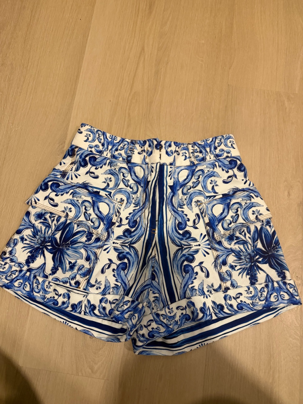 FARM Rio Garden Tiles White Shorts with Blue Floral Tile Print